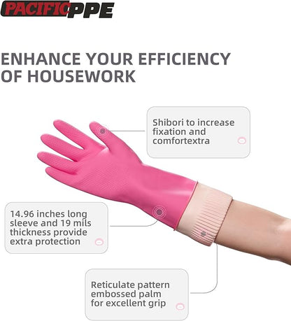 PACIFIC 2 Pairs Reusable Rubber Gloves for Washing Dishes and Cleaning Tasks, Water Resistant Household Gloves for Kitchen Bathroom, Grippy Latex Dish Washing, Pink, Small