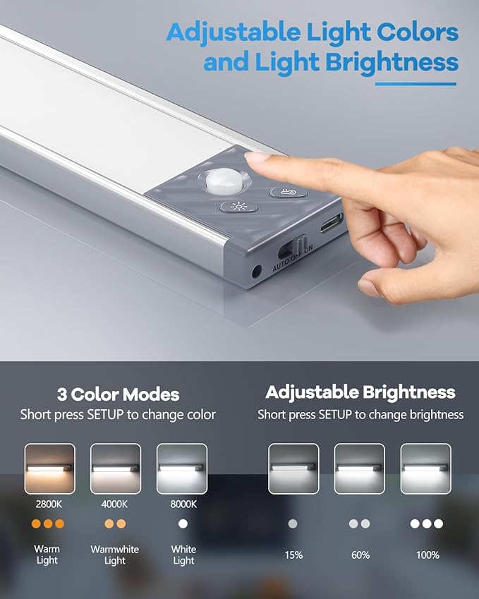 HIBOITEC Under Cabinet Lighting Rechargeable 40 LED Closet Lights Battery Operated, Dimmable Motion Sensor Lights Indoor, Wireless Magnetic Light for Kitchen, 3 Color Temperatures, 9 inch