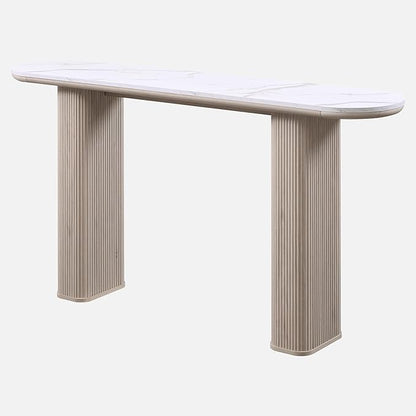 OKD 63" Modern Console Table with Arc Marble Texture Top, Fluted Wood Base, Contemporary Entryway Sofa Table for Living Room, Hallway, Foyer, White Alder