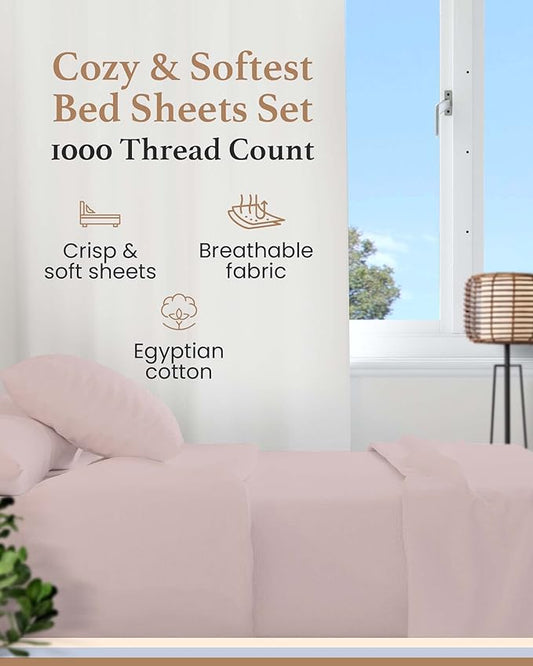 1000 Thread Count Egyptian Cotton Sheets Queen Size, 4 Pc Luxury Sheets Set, Long Staple 100% Cotton Sheets for Queen Size Bed, 16" Deep Pocket Hotel Style Sheets, Sateen Sheets Queen, Blush