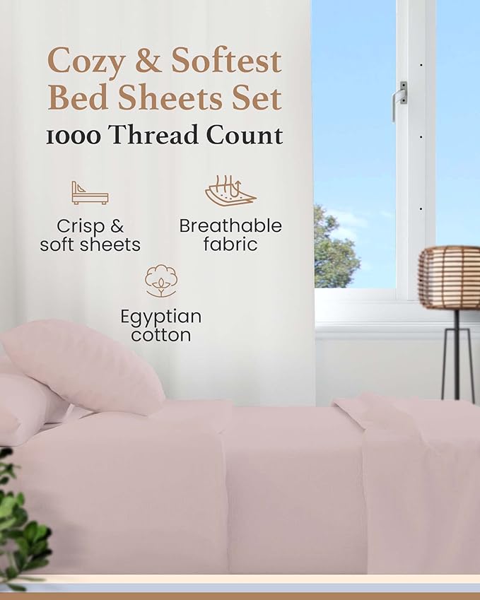 Good Sleep Bedding Full Size Bed Sheets - 100% Egyptian Cotton Sheets Full Size Bed, 4Pc, 1000 TC, Full Sheet Set, Luxury Sateen Weave, Soft, 16" Deep Pocket Full Size Sheets Set - Blush Sheets Full