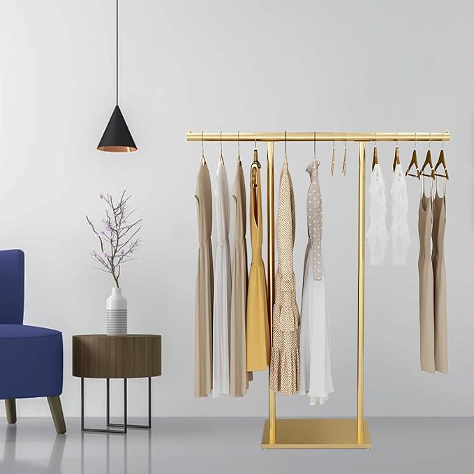 Gold Clothing Rack for Boutique, Gold Garment Rack, Double Pole Supported Stable Metal Retail Clothes Stand, Freestanding Clothes hanging Rack in Bedroom and Laundry Room (gold, 39.37X51.18in)
