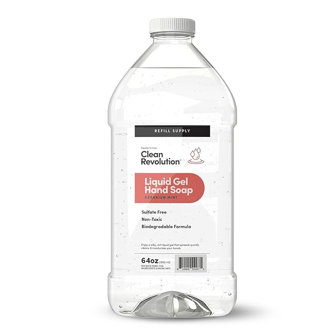 Clean Revolution Liquid Gel Hand Soap, Silky Rich Liquid, Quick Lather, Fast Rinsing, Contains Real Essential Oils (Geranium Mint) 64 Fl Oz