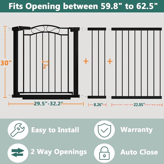 Fairy Baby 59.9"-62.5" Extra Wide Baby Gate with Door, 60 61 62 Inches Walk THR Baby Gates for Stairs Pressure Mounted no Drill, Indoor Tension Metal Child Pet Dog Safety Gate for Kids, Black