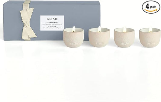 BLUEME Balance-White Lotus & Tea, Focus-Eucalyptus & Lime, Nostalgia-Bergamot & Musk, Calm-Osmanthus & Sandalwood, 4pk Wellness Travel Candle Votive, Sustainable, Contains Essential Oil, Soy-Wax Blend