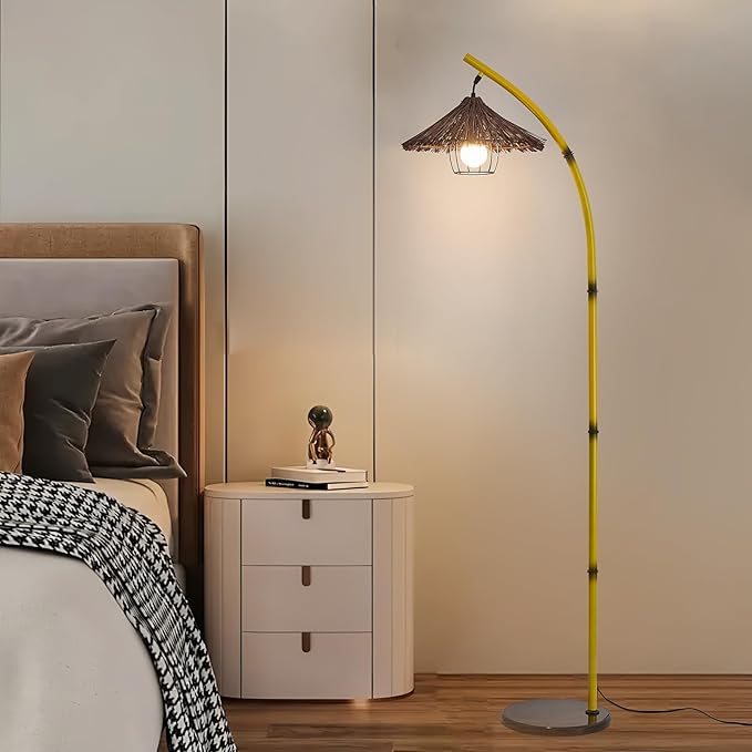 beaysyty Bamboo Floor lamp Mid Century Rattan Retro Floor lamp Bohemian,Arc Floor Lamps for Living Room Tall Reading Lamps Antique Rattan Style for Bedroom Dining Room Farmhouse Study (Yellow)