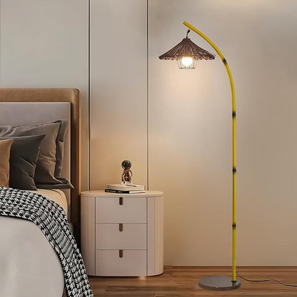 beaysyty Bamboo Floor lamp Mid Century Rattan Retro Floor lamp Bohemian,Arc Floor Lamps for Living Room Tall Reading Lamps Antique Rattan Style for Bedroom Dining Room Farmhouse Study (Yellow)