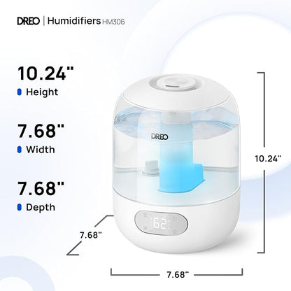 Dreo Humidifiers for Bedroom, 3L Top Fill 30H & 26dB Quiet Runtime for Large Room, Cool Mist Ultrasonic Humidifier with Humidity Sensor, Night Light for Home, Baby, Nursery, Plants, New Edition