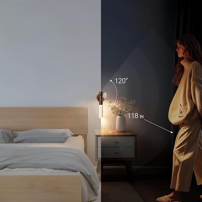 Motion Sensor Night Light Indoor, Rechargeable Night Light Wall Sconce Wood Set of 1, Battery Powered Magnetic Wall Sconce Decor for Bedroom, Hallway, Bathroom, Stairway, Closet(Walnut Wood)