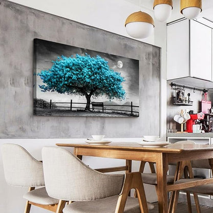 KELIYUAN Wall Art Black White Grey Background Home Decor Blue Tree Of Life Canvas Wall Painting Living Room Decor Office Bedroom Bathroom Corridor Decor Artwork, Can Be Hung Directly 24x48 Inches