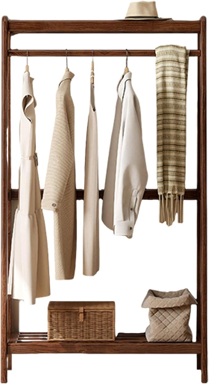 Solid Wood Clothes Rack, Clothing Rack with 2 Shelves Storage, Floor-Standing Coat Rack for Bedroom, Living Room, Entryway,Walnut