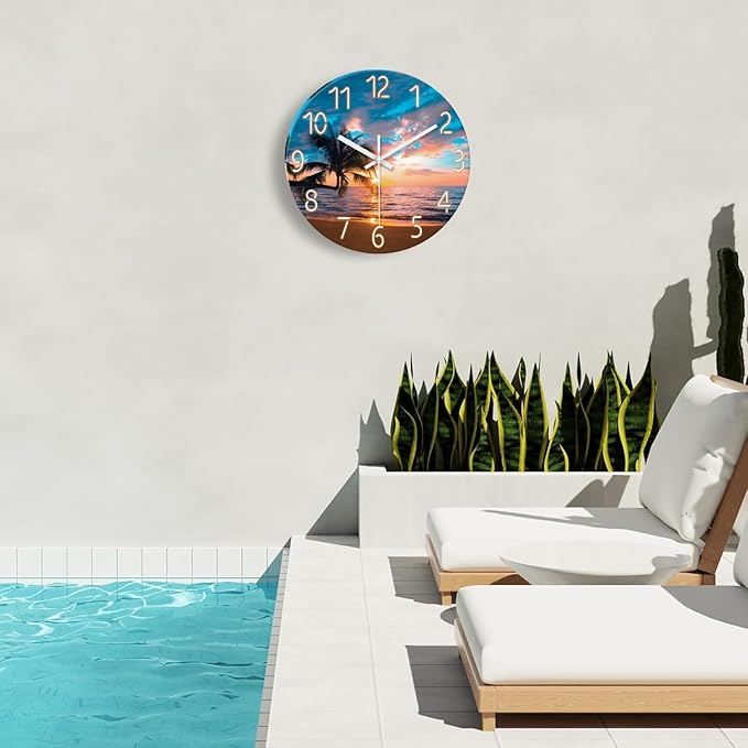 XFM Large Beach Wall Clock 24 Inch Palm Tree Silent Wall Clocks Battery Operated Sunset Glass Coastal Wall Clock for Living Room Bedroom Kitchen Office