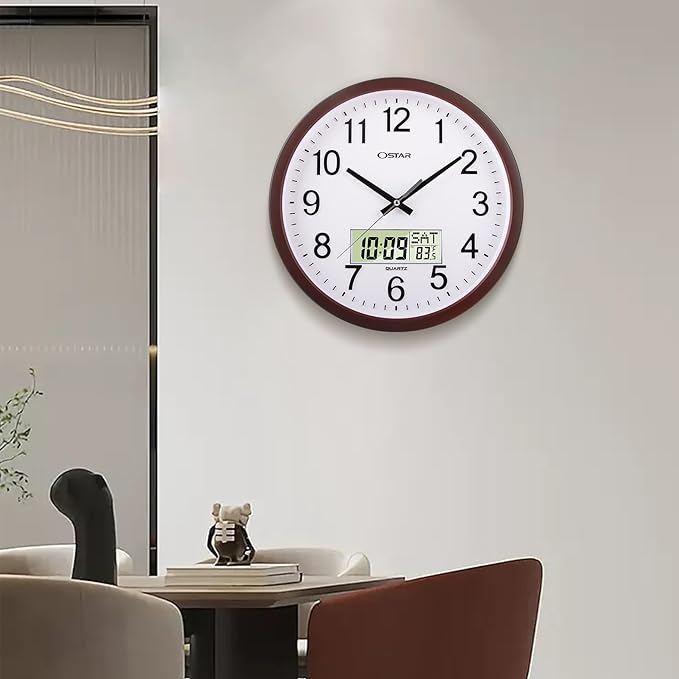 OSTAR 14" Large Analog Digital Display Wall Clock Silent Non-Ticking, Day of The Week Temperature Battery Operated Clock for Living Room Bedroom Kitchen