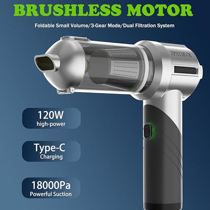 Car Vacuum Cleaner, 18000PA Vacuum Portable Cordless, 4 in 1 Air Duster with LED Light and Multi-Nozzles, 120W High Power Rechargeable Foldable Vacuum Cleaner for Home, Office, Pet