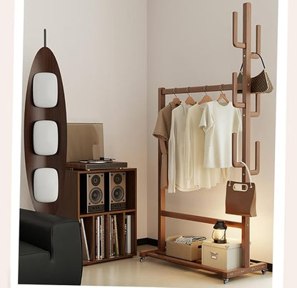 Solid Wood Clothing Rack with Wheels and Hooks, Heavy Duty Garment Rack with Shelf, Easy Assembly, Rolling Rack for Clothes, Coats, Skirts, Shoes, Bags,