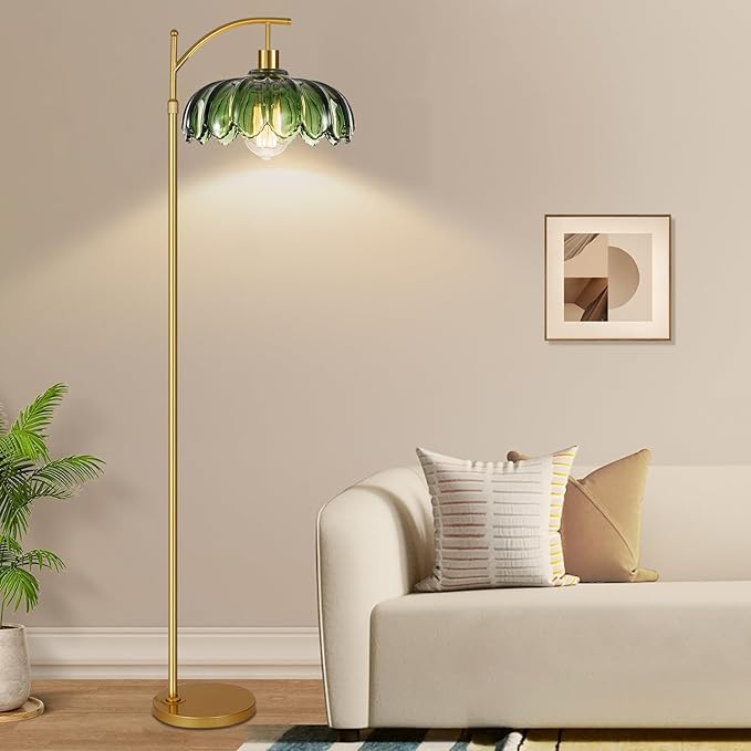 Gold Floor Lamp for Living Room,Bedroom,Mid Century Modern Standing Lamp with Remote,Dimmable Brass Tall Lamp Green Glass Lamp Vintage Retro Arc Floor Lamps Flower Floor Light Boho Bohemian