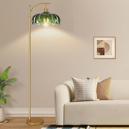 Gold Floor Lamp for Living Room,Bedroom,Mid Century Modern Standing Lamp with Remote,Dimmable Brass Tall Lamp Green Glass Lamp Vintage Retro Arc Floor Lamps Flower Floor Light Boho Bohemian