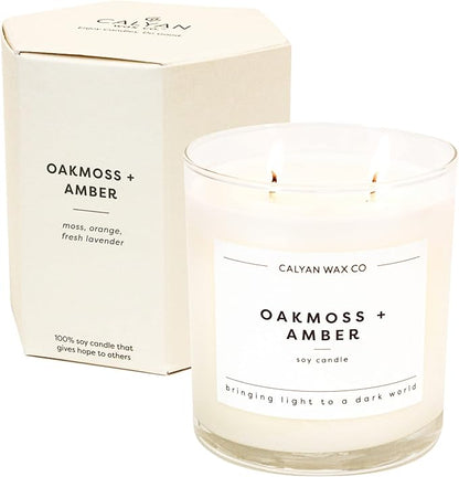 Calyan Wax Co. Oakmoss & Amber 2 Wick Scented Candle - 37 Hour Burn - Luxury Non Toxic Soy Wax Candles - Long Lasting Large Glass Jar Candle for Home - 8.8oz