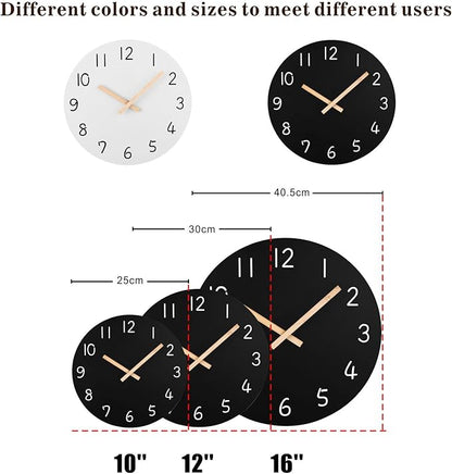 Plumeet 16'' Extra Large Wall Clock Frameless Wooden Clocks with Silent Quartz Movement - Modern Style Village Wall Clocks Decorative Home Kitchen - Battery Operated (Black)
