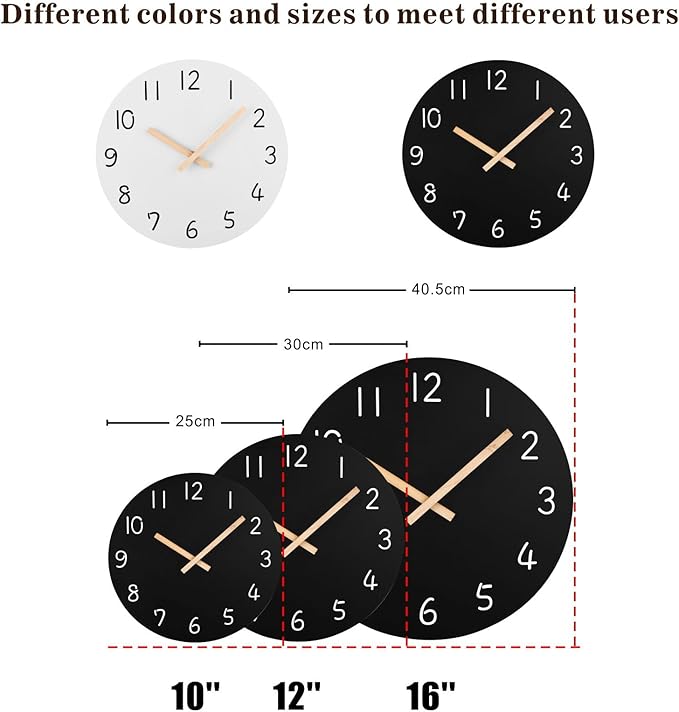 Plumeet 12'' Wooden Wall Clock Frameless Clocks with Silent Quartz Movement - Modern Style Village Wall Clocks Decorative Home Kitchen - Battery Operated (Black)