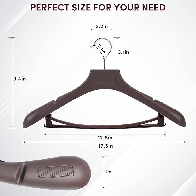 DEDU Suit Hangers for Men 20 Pack, Brown Coat Hangers Extra Wide Non Slip Width 17.7", Thick Plastic with Pants Bar & Metal Hook