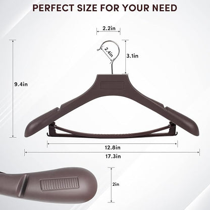 Suit Hangers for Men 50 Pack, Brown Coat Hangers Extra Wide Non Slip Width 17.7", Thick Plastic with Pants Bar & Metal Hook