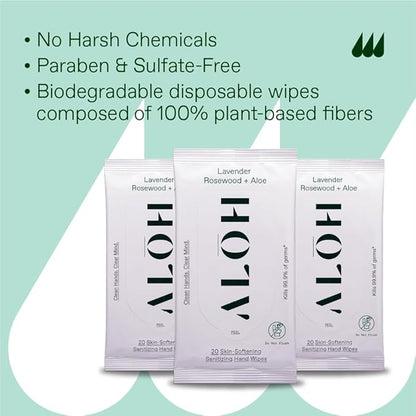 ALH Lavender Rosewood + Aloe Sanitizing Hand Wipes - Clean Hands, Clear Minds - On The Go Sanitizing Wipes for Kids and Adults - Travel Size 3 Pack, 20ct