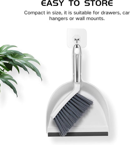 NACENA Mini Broom and Dustpan Set, Small Dust Pan and Brush Set with Handle Dustpan Teeth for Cleaning Hair Suitable for Office Desks Drawers Sofas Pet Care Outdoor Camping, White & Gray