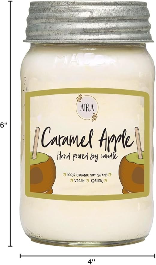 Aira Fall Soy Candles - Organic, Kosher, Vegan, Mason Jar Candle w/Aromatherapy Essential Oil Blends - Hand-Poured 100% Soy Candle Wax - Paraffin Free, Burns 110+ Hours - Caramel Apple - 16 Ounces