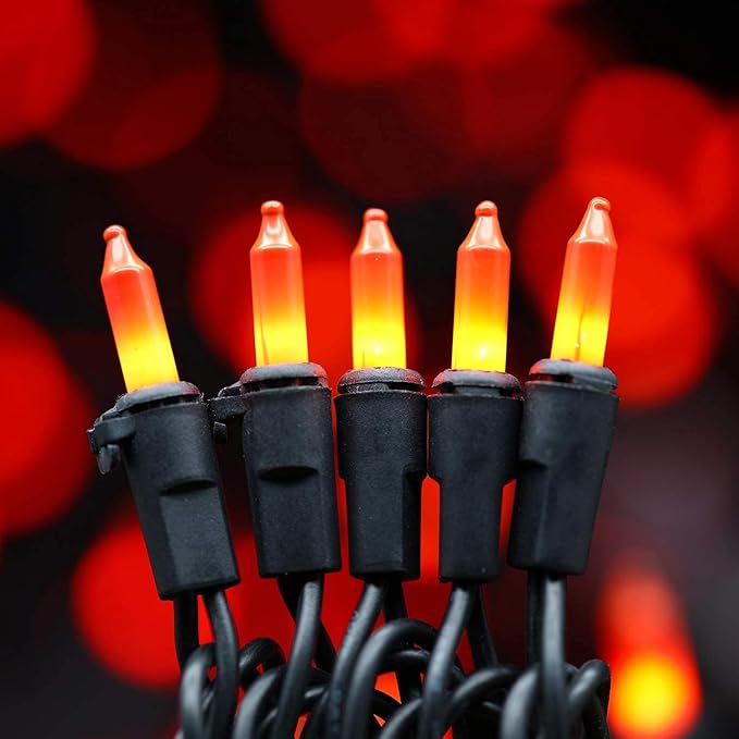 200 Count Orange Christmas Lights, Pack of 2 Strands 100 Count 33 ft Black Wire UL Listed Halloween String Light (Orange)