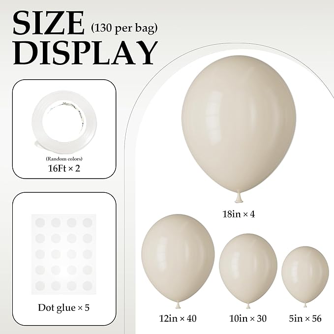 130PCS SandWhite Balloons, Latex Balloon Different Sizes 18/12/10/5 Inch, Helium Balloons with Ribbon, Party Balloon Set for Birthday Wedding Graduation Anniversary Baby Shower Decoration