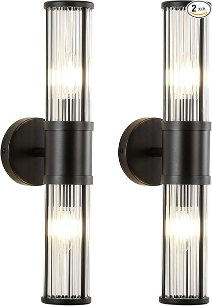 JOOSENLUX Black Vanity Light, Set of 2 Bathroom Sconces with E12 Base and Glass Rod Design – Modern Bathroom Vanity Light Fixture for Mirror, Powder Room, Bedroom, Hallway