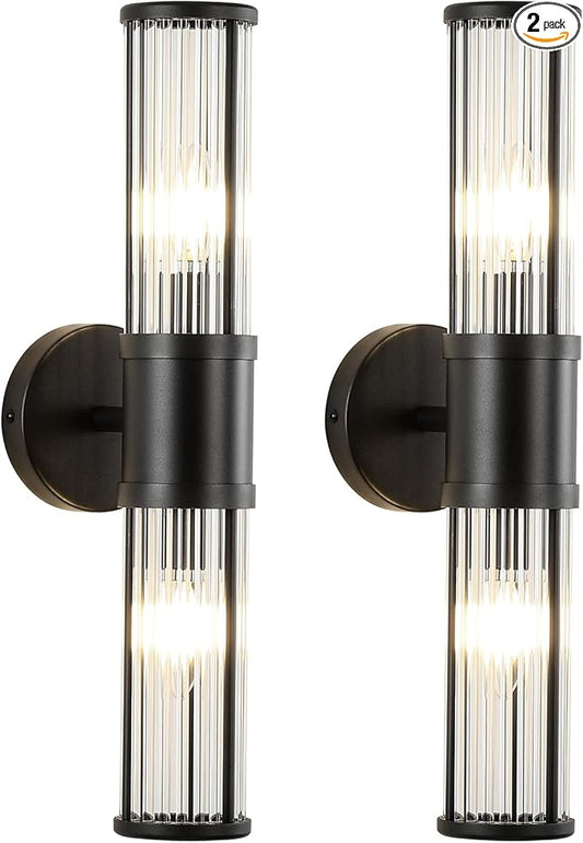 JOOSENLUX Black Vanity Light, Set of 2 Bathroom Sconces with E12 Base and Glass Rod Design – Modern Bathroom Vanity Light Fixture for Mirror, Powder Room, Bedroom, Hallway