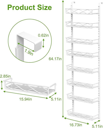 Over The Door Pantry Organizer, 8-Tier Wood & Metal Over The Door Organizer with Adjustable Basket, Hanging Spice Rack, Door Organization and Storage for Kitchen Pantry Door Cabinet, White