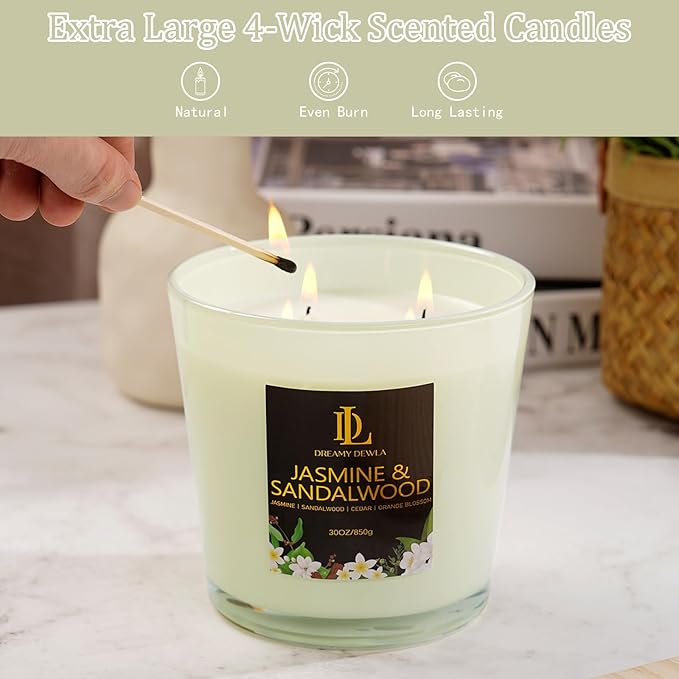Large Candle Jasmine & Sandalwood Scented, 4 Wick Natural Soy Candles for Home Scented, 30oz Big Candle Long Lasting, Home Aromatherapy Candles Housewarming Valentine's Day Gift for Women Men