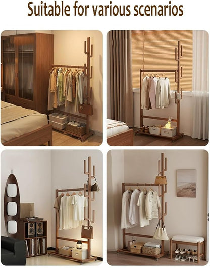 Solid Wood Clothing Rack with Wheels and Hooks, Heavy Duty Garment Rack with Shelf, Easy Assembly, Rolling Rack for Clothes, Coats, Skirts, Shoes, Bags,