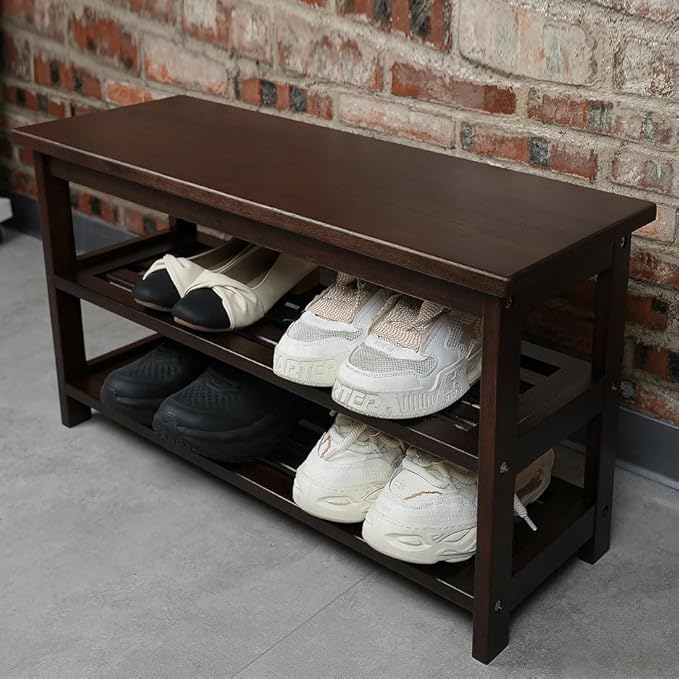 CONSDAN Wood Shoe Bench Rack, USA Grown Hickory, Entryway Bench with Shoe Storage, Mud Room Bathroom, Front Door, Outdoor/Indoor, Dark Walnut(Black)