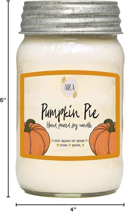 Aira Soy Candles - Organic, Kosher, Vegan, in Mason Jar w/Therapeutic Grade Essential Oil Blends - Hand-Poured 100% Soy Candle - Paraffin Free, Burns 110+ Hours - Fall Candle - Pumpkin Pie -16 Ounces