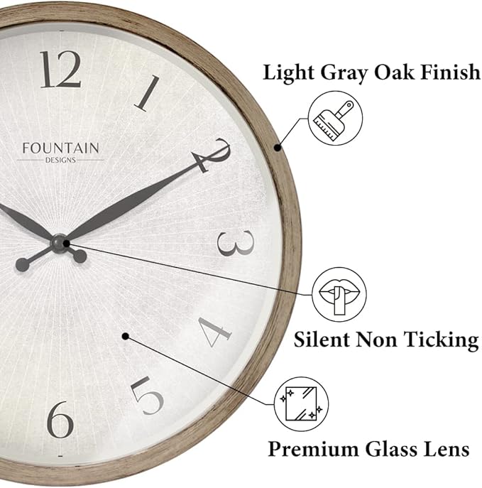 Modern Farmhouse Clock, No Ticking Silent Clock, Modern and Vintage (Light Gray Oak, 12 inch)