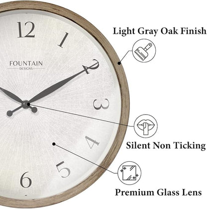 Modern Farmhouse Clock, No Ticking Silent Clock, Modern and Vintage (Light Gray Oak, 12 inch)