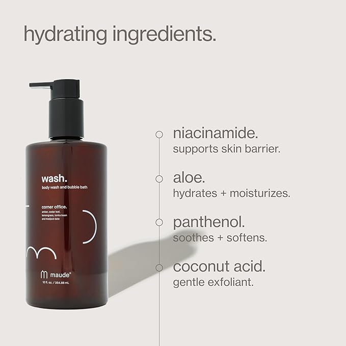 MAUDE Wash - pH Balanced Moisturizing Body Wash - Sandalwood & Eucalyptus Body Soap & Bubble Bath - With Smoothing Niacinamide & Aloe - Gentle Everyday Shower Gel & Relaxing Bath Soap - No.3 (12 oz)