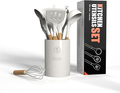 Silicone Cooking Utensils Set - 446°F Heat Resistant Silicone Kitchen Utensils for Cooking,Kitchen Utensil Spatula Set w Wooden Handles and Holder for Non-Stick Cookware (Cream White)