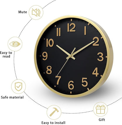 Wall Clocks Battery Operated 8 inch Modern Wall Clock,Silent Non Ticking Wall Clock for Living Room Bedroom Kitchen Office Classroom Decor (Black Gold)