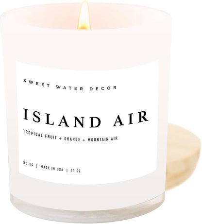 Sweet Water Decor Island Air Soy Candle - Tropical Fruit, Mountain Air, and Orange Scented Summer Candles for Home - 11oz White Glass Jar + Wood Lid, 50+ Hour Burn Time, Made in The USA