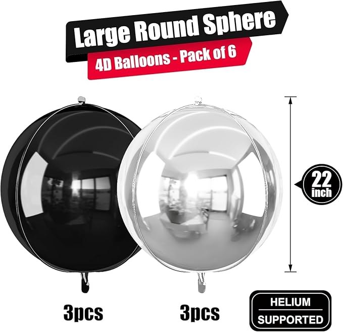 6Pcs Black Silver Round Foil Balloons, 22inch 4D Metallic Silver Black Balloons, Large Round Foil Ball Balloon for Birthday Graduation Christmas New Year Eve Disco Party Backdrop Decorations