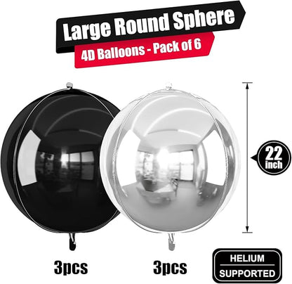 6Pcs Black Silver Round Foil Balloons, 22inch 4D Metallic Silver Black Balloons, Large Round Foil Ball Balloon for Birthday Graduation Christmas New Year Eve Disco Party Backdrop Decorations