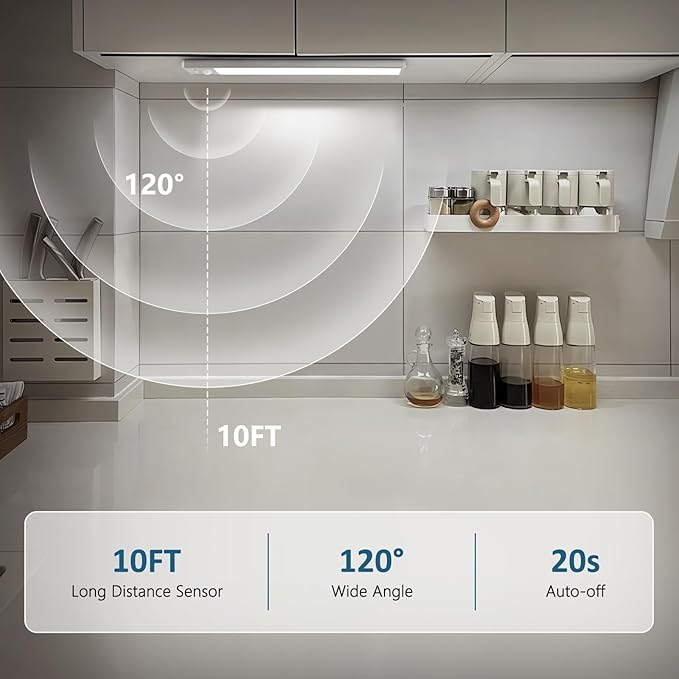 Ascher Under Cabinet Lights, Motion Sensor Light with 3 Colors, 2000mAh USB Rechargeable Closet Light, Magnetic Dimmable Under Counter Lights for Kitchen, Stairs, Wardrobe, Silver, Pack of 1