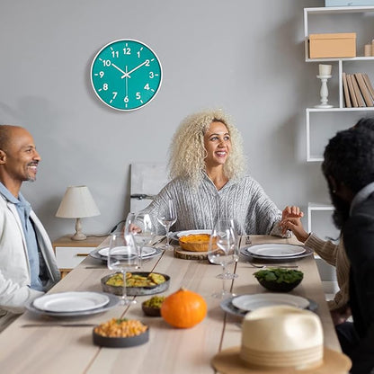 JENLYSTIME 12 Inch Modern Indoor Outdoor Wall Clock,Round Bright Colorful Dial,Non Ticking Silent Quartz Battery Operated Wall Clocks,Easy to Read Simple Style Decor Clock for Bedroom,Kitchen(Teal)