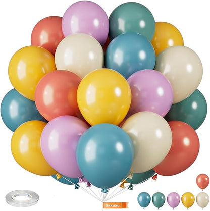 Retro Colorful Balloons, 12 Inch Vintage Color Balloons, Retro Blue Red Purple Yellow White Latex Helium Balloon for 80s 90s Theme Birthday Wedding Baby Shower Festival Carnival Decorations