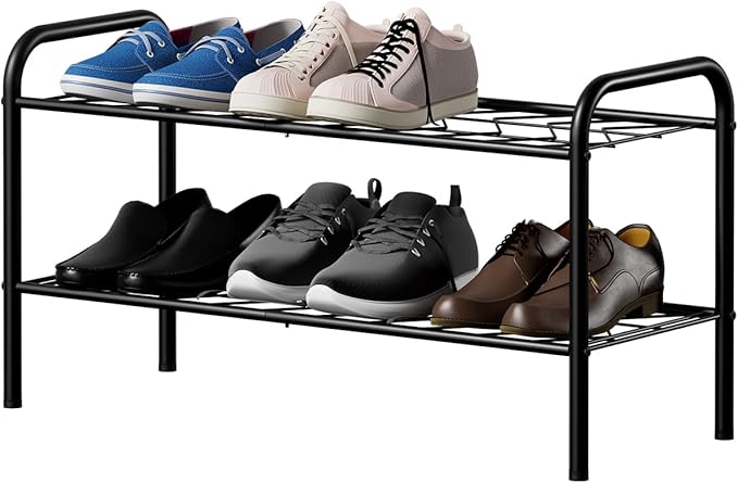 2-Tier Metal Shoe Rack, Free Standing Shoe Storage Rack for Entryway, Closet and Hallway (Black, 2-Tier-Short)